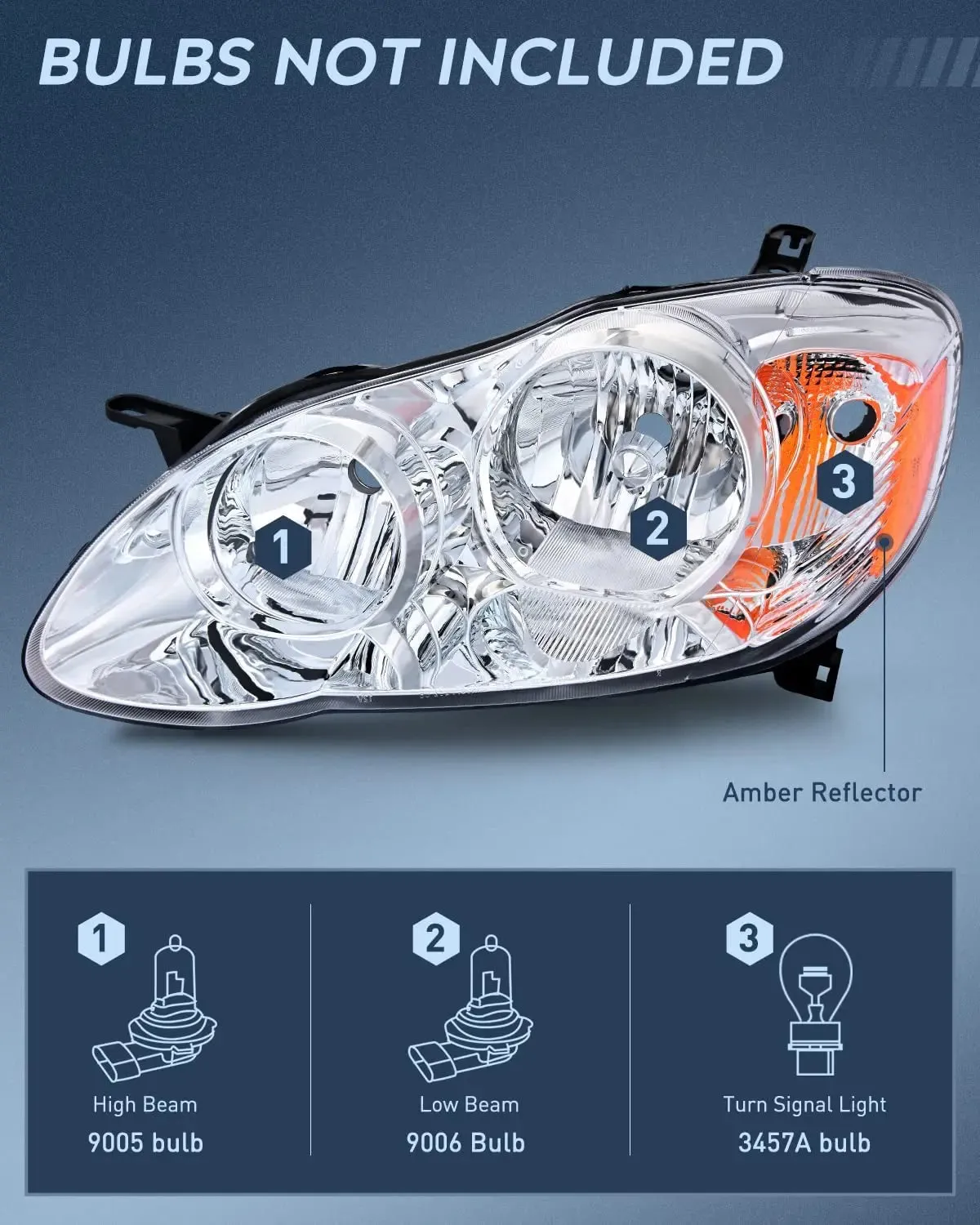 2003-2008 Toyota Corolla Headlight Assembly Chrome Case Amber Reflector