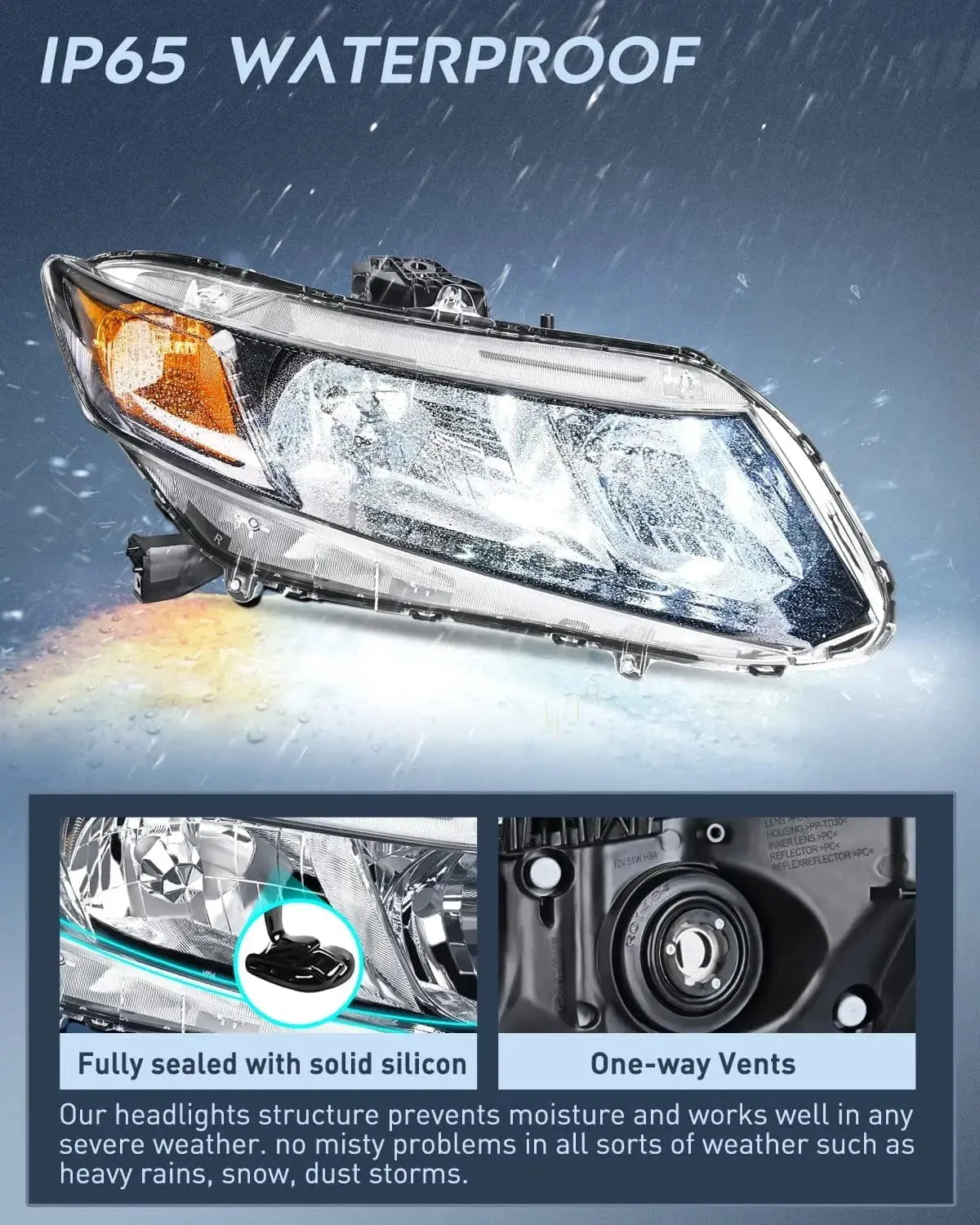 2012-2015 Honda Civic Sedan 4-Door 2012-2013 Civic Coupe 2-Door Headlight Assembly Black Case Amber Reflector