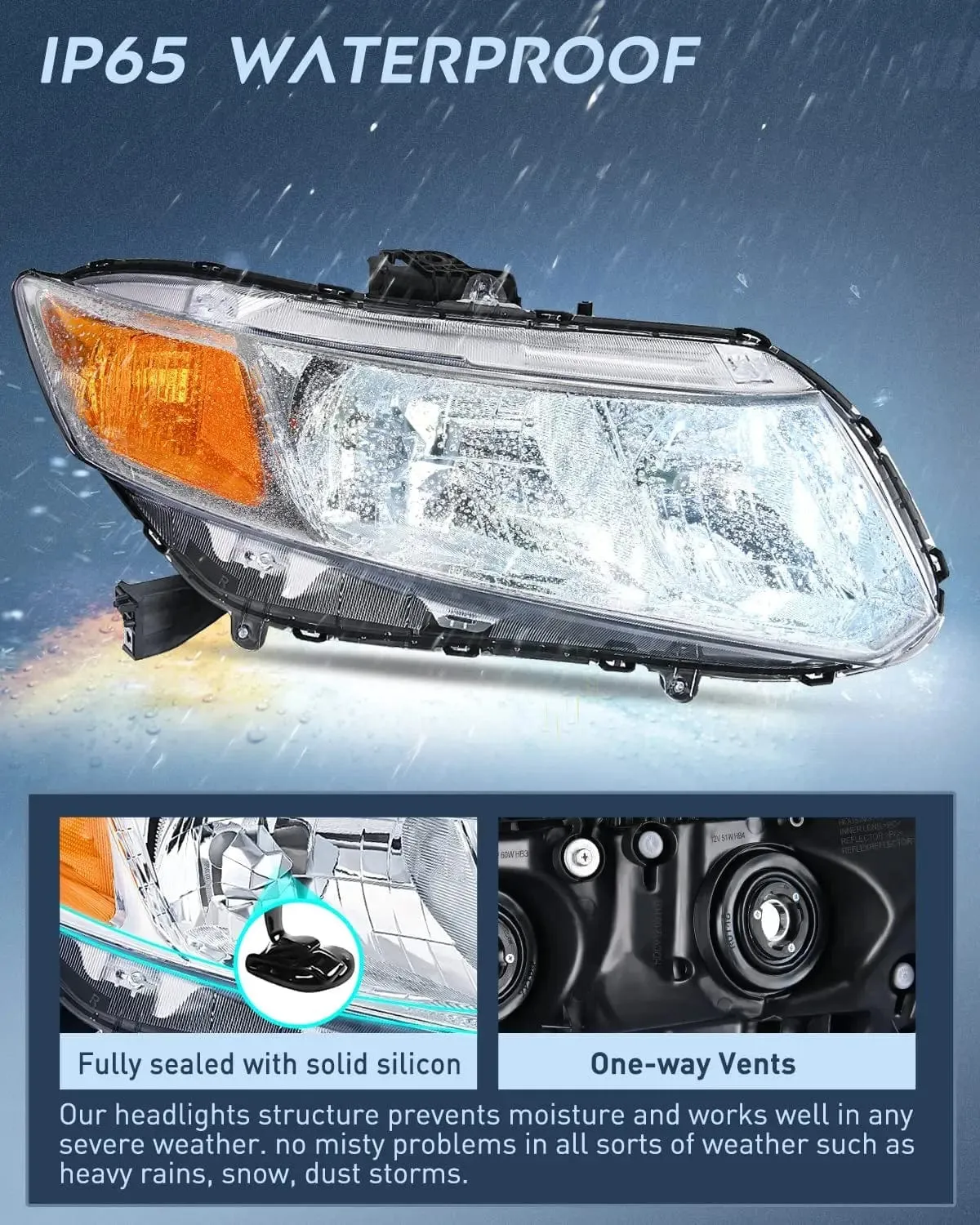 2012-2015 Honda Civic Sedan 4-Door 2012-2013 Civic Coupe 2-Door Headlight Assembly Chrome Case Amber Reflector