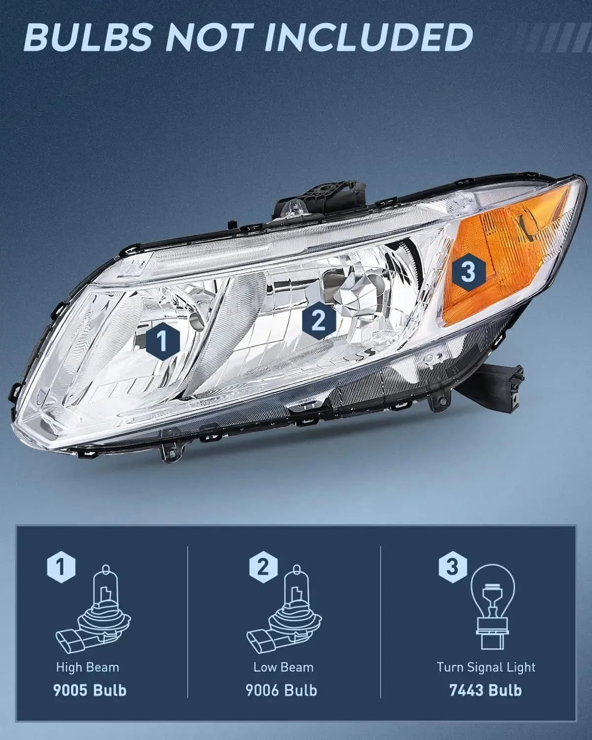 2012-2015 Honda Civic Sedan 4-Door 2012-2013 Civic Coupe 2-Door Headlight Assembly Chrome Case Amber Reflector