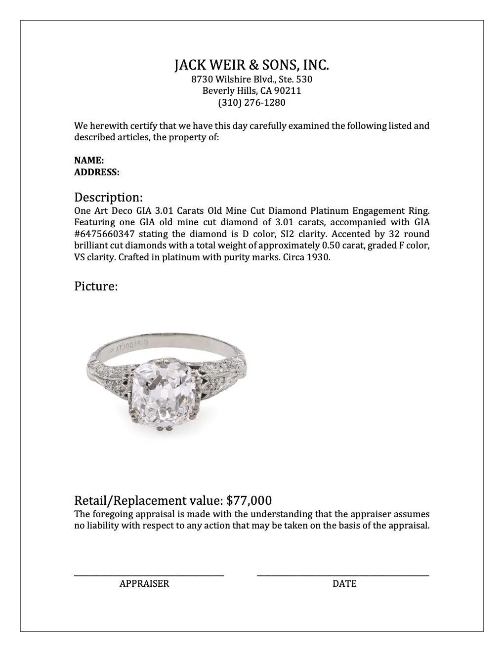 Art Deco GIA 3.01 Carats Old Mine Cut Diamond Platinum Engagement Ring
