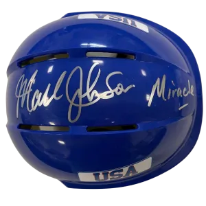 Mark Johnson Autographed Royal Blue Mini Helmet "Miracle" (Standard Number)