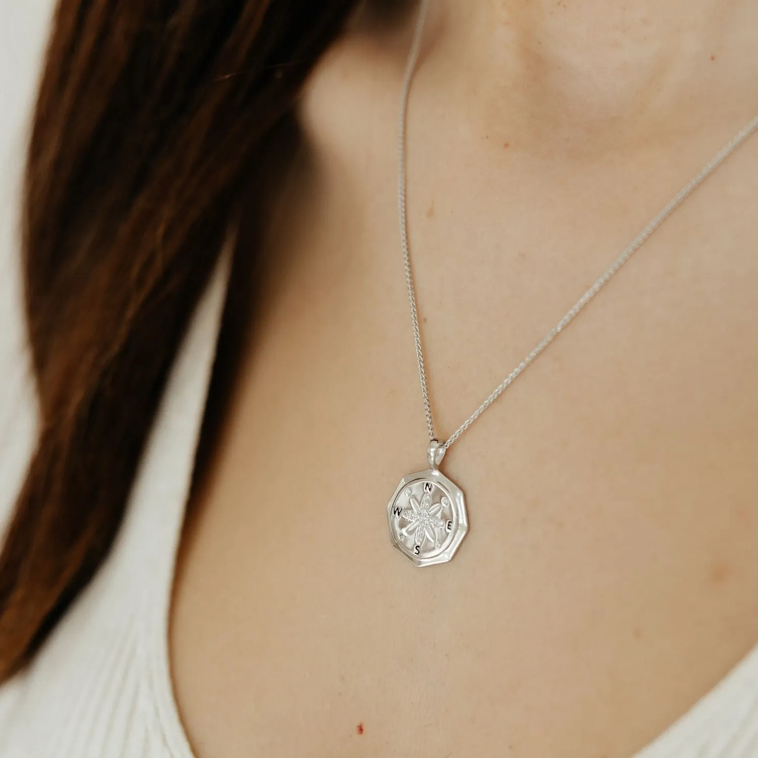 True North Compass Pendant with CZ Accents